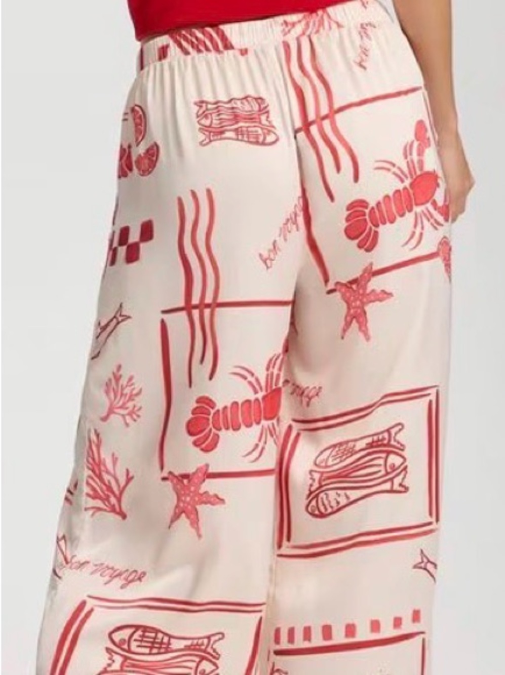 Soma NWT Sea La Vie Cream Satin Pants with Cherry Pink Print